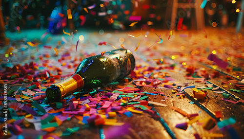 colorful conffetti on the floor, with bottle of ron in middle of scene, party ambientation, realistic photography, cinematic lightning photo