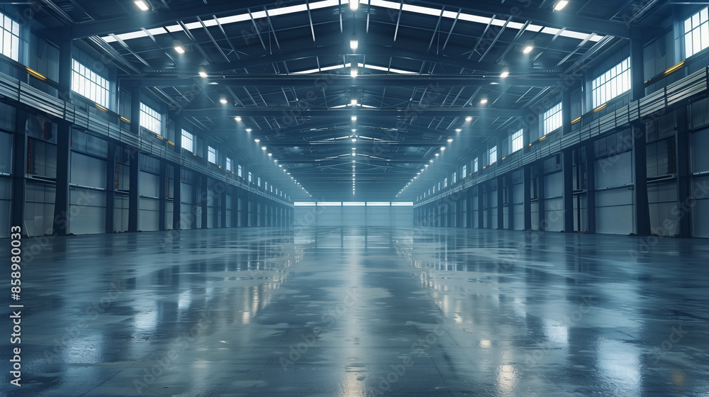 A vast, empty warehouse with high ceilings, large windows, and polished concrete floors. The spacious industrial interior is illuminated by bright lighting. A vast, empty warehouse with high ceilings, large windows, and polished concrete floors. The spacious industrial interior is illuminated by bright lighting.