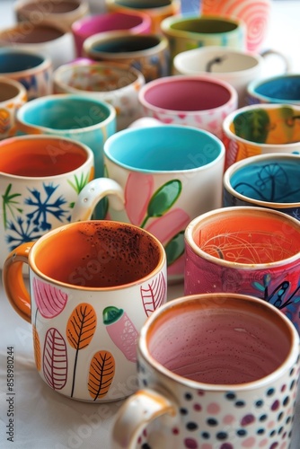 Colorful Hand-Painted Mugs on White Table