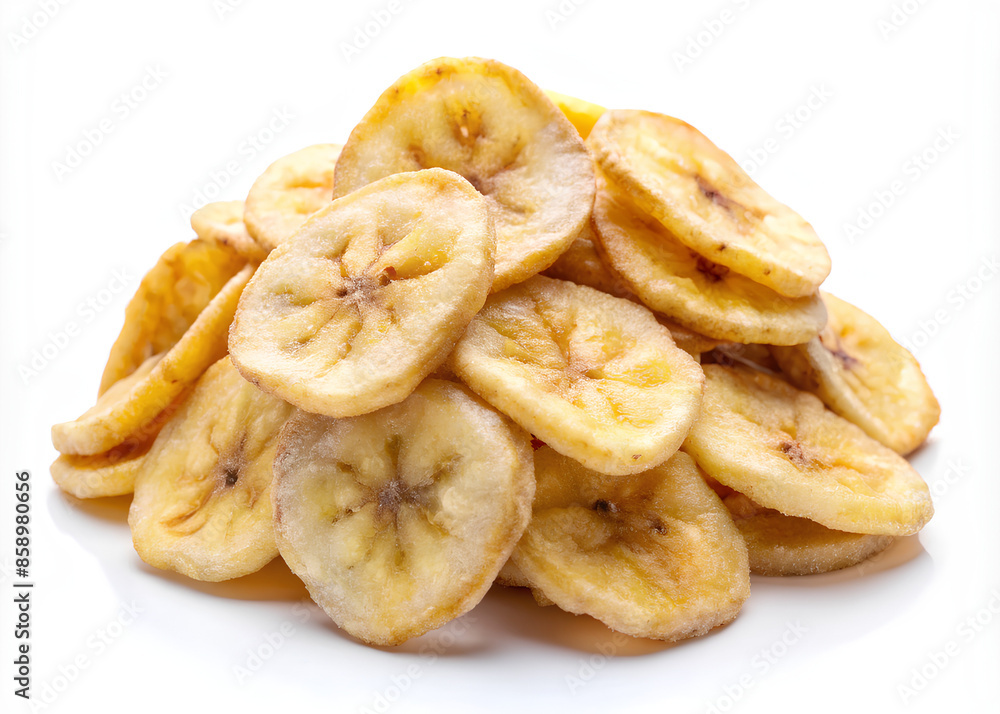 Banana slice chips on isolate white background, clipping path, selective focus Banana slice chips on isolate white background, clipping path, selective focus
