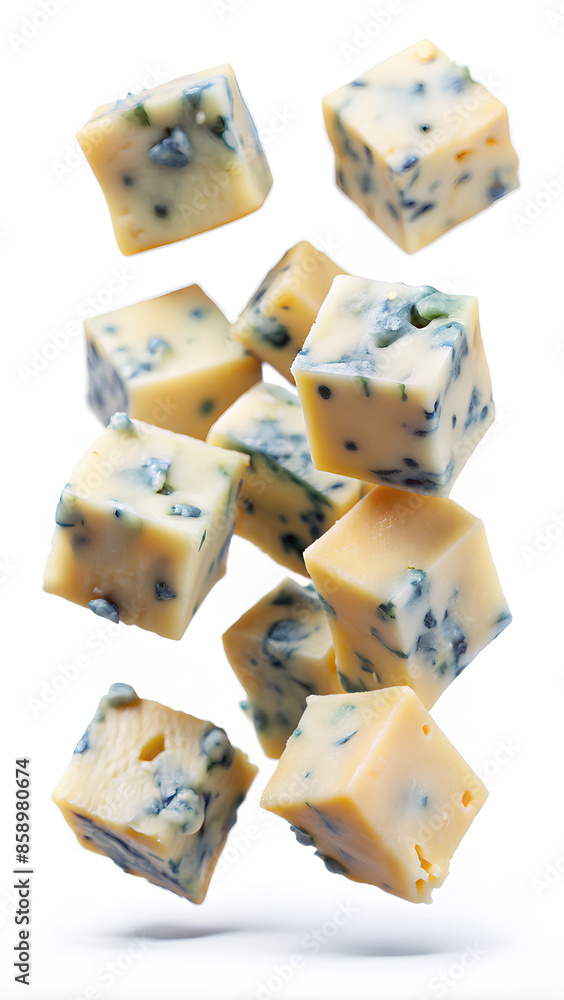 Blue cheese cubes isolated on white background Blue cheese cubes isolated on white background