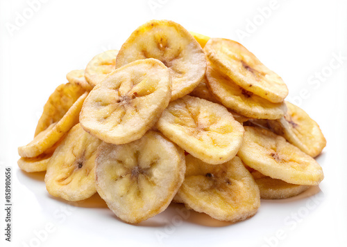Banana slice chips on isolate white background, clipping path, selective focus