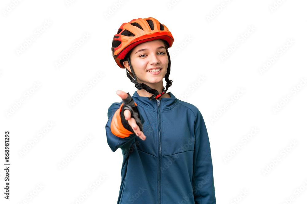 Teenager cyclist girl over isolated chroma key background shaking hands for closing a good deal Teenager cyclist girl over isolated chroma key background shaking hands for closing a good deal