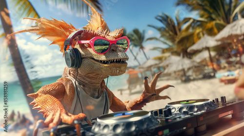 Spiky Dragon Wearing Red Sunglasses, Headphones, Mixing Tracks At Beach Party