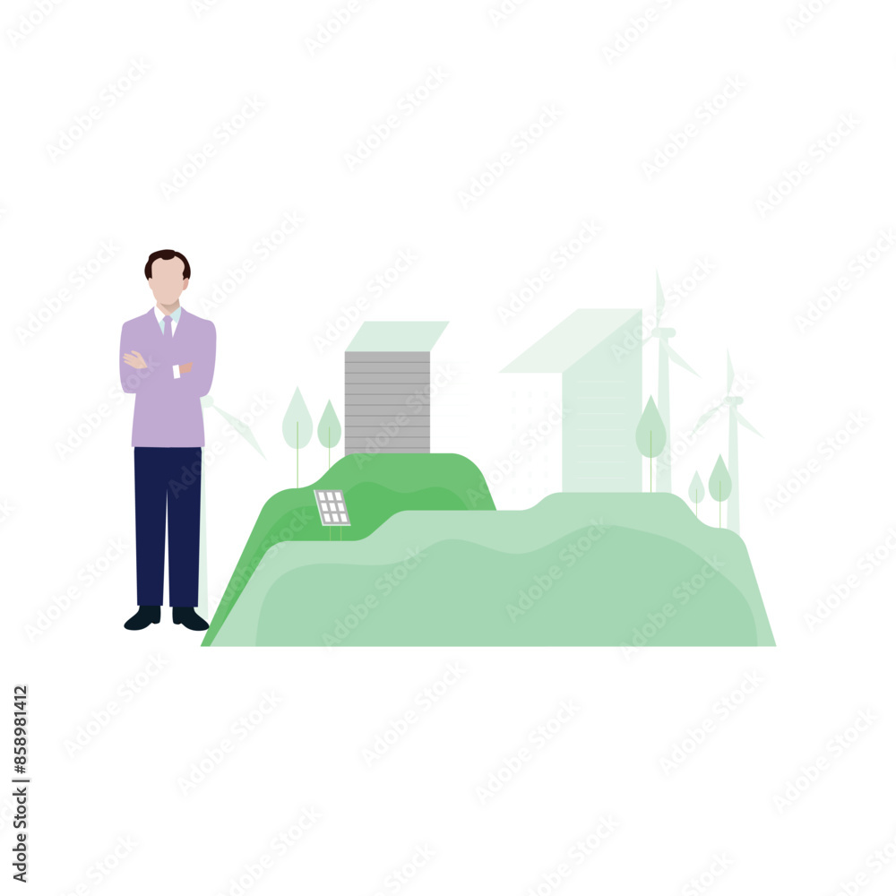 A boy is standing near wind mill A boy is standing near wind mill