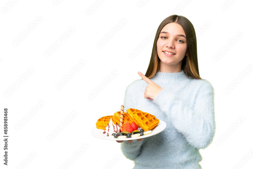 Teenager girl holding waffles over isolated chroma key background pointing to the side to present a product Teenager girl holding waffles over isolated chroma key background pointing to the side to present a product