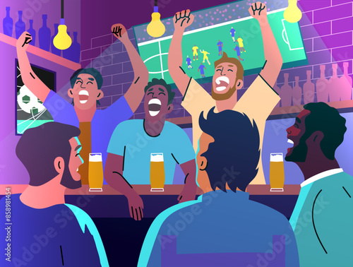 Group of men watching football match in sport bar. Football on TV. Multiethnic soccer fans celebrate victory. Football championship. Men emotionally cheer for their favorite football team in pub