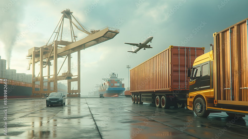 truck transport and logistics of container ships and cargo transport aircraft for Logistics import concept. 3D rendering and illustration. truck transport and logistics of container ships and cargo transport aircraft for Logistics import concept. 3D rendering and illustration.