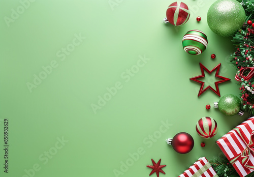 Festive Christmas Decorations on Lime Green Background (generative AI)