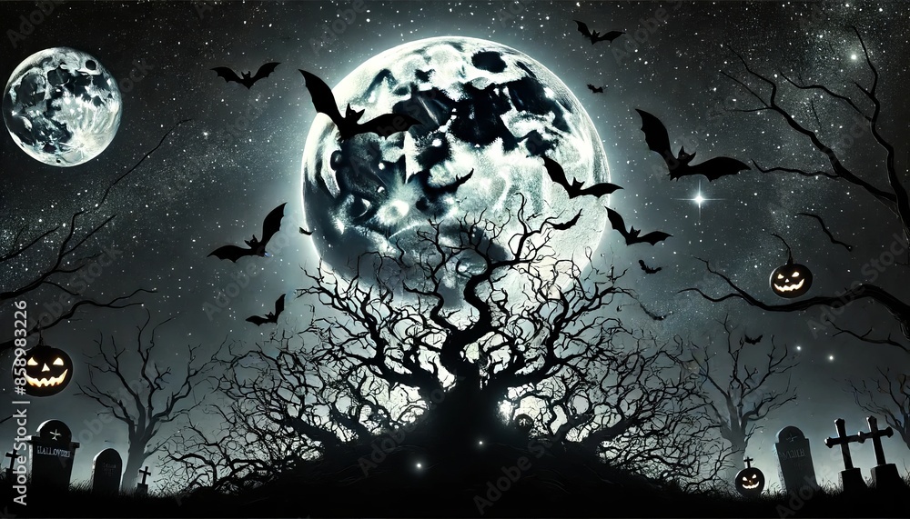 Naklejka premium A mystical Halloween night scene featuring a full moon, bats, jack-o'-lanterns, and a creepy tree with twisted branches