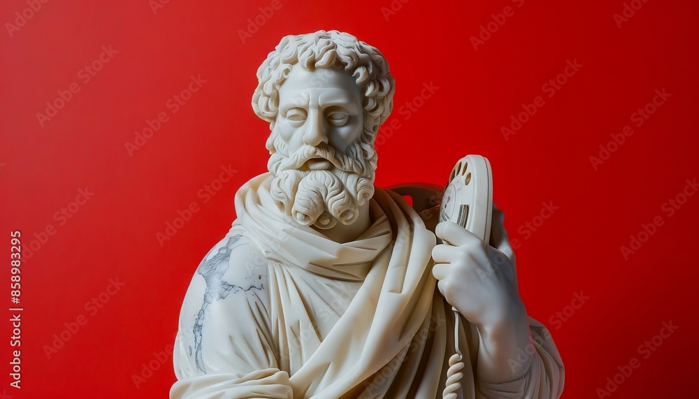 Fototapeta premium A statue of a man holding a red phone.