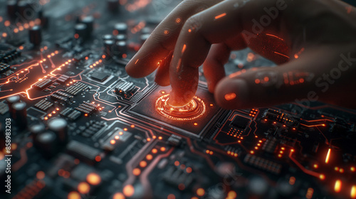 3D rendering. Closeup. CPU handle placed on motherboard of sci-fi background. Artificial intelligence CPU on circuit board. Production technology, processing