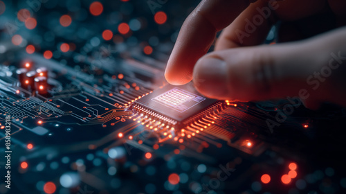 3D rendering. Closeup. CPU handle placed on motherboard of sci-fi background. Artificial intelligence CPU on circuit board. Production technology, processing