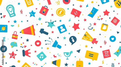 A colorful background with many different icons.