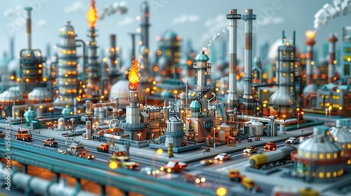 Intricate paper craft depiction of a large oil refinery, complete with flares, cooling towers, and pipelines, set against the backdrop of a bustling city filled with traffic and cutting-edge © DARIKA