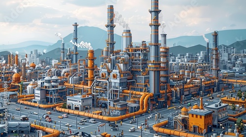 Intricate paper craft illustration of a vast industrial plant, complete with towering smokestacks, complex machinery, and pipelines, set against a backdrop of a sprawling city with heavy traffic. photo