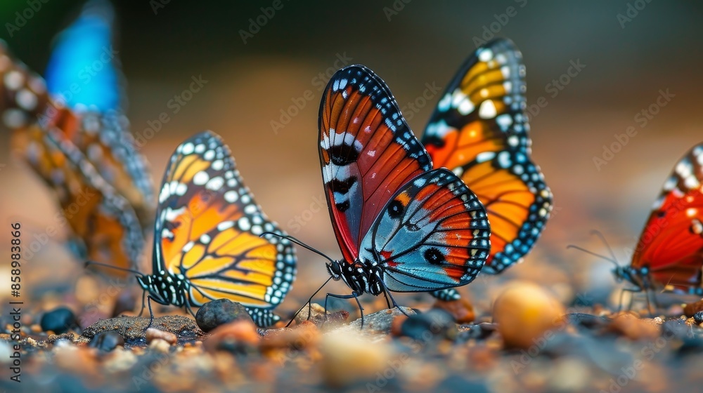 Fototapeta premium A group of butterflies are eating on the ground