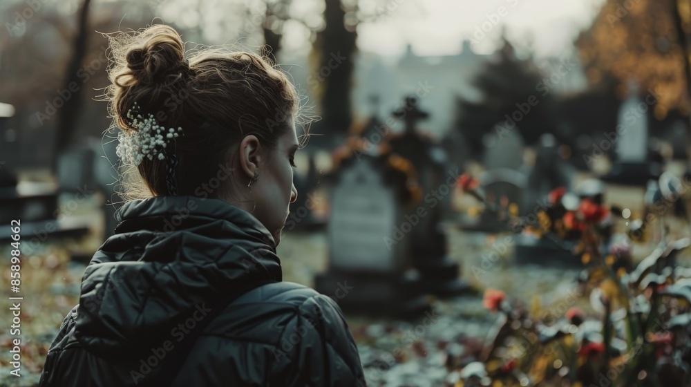 Picture a person standing at a loved one's grave, quietly speaking to them, their face a mix of sorrow, remembrance, and enduring love. Picture a person standing at a loved one's grave, quietly speaking to them, their face a mix of sorrow, remembrance, and enduring love.