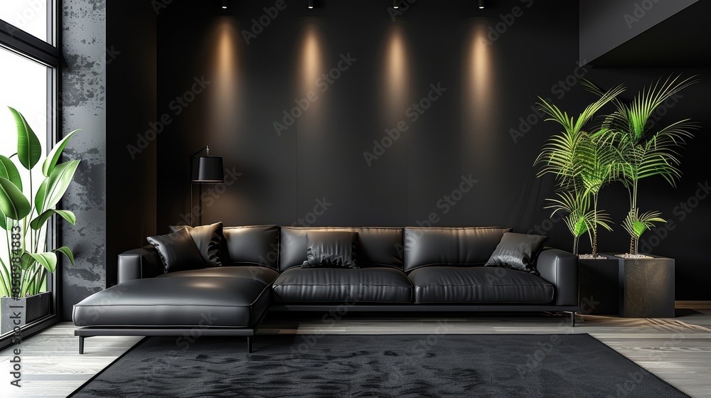 Minimalist black living room with a stylish leather sofa, understated ...