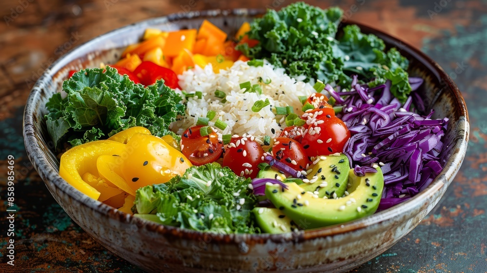 Photorealistic rainbow veggie bowl overflowing with vibrant, healthy ingredients, fluffy brown rice base, kale, bell peppers, red cabbage, cherry tomatoes, avocado, and sesame seeds Photorealistic rainbow veggie bowl overflowing with vibrant, healthy ingredients, fluffy brown rice base, kale, bell peppers, red cabbage, cherry tomatoes, avocado, and sesame seeds