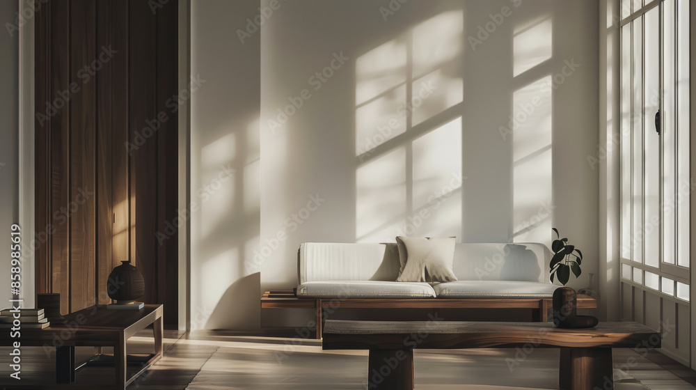 Fototapeta premium Sophisticated modern living room bathed in natural light, highlighting minimalist wooden furniture and creating a stylish, serene environment.