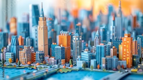 Detailed papercraft city skyline with towering skyscrapers, busy streets, and advanced technology. Illustration, Minimalism,