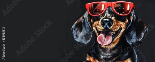 Dachshund dog with red sunglasses, black background, smiling with tongue out, copy space, fun and vibrant, realistic digital painting
