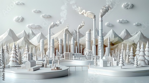 Mesmerizing papercraft landscape showcasing industrial plants, refineries, and a bustling city skyline. Illustration, Minimalism,