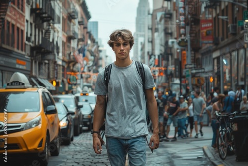 A young man casually dressed in jeans and a t-shirt, walking through a city street. The urban background showcases the hustle and bustle of daily life, with people and buildings adding to the dynamic