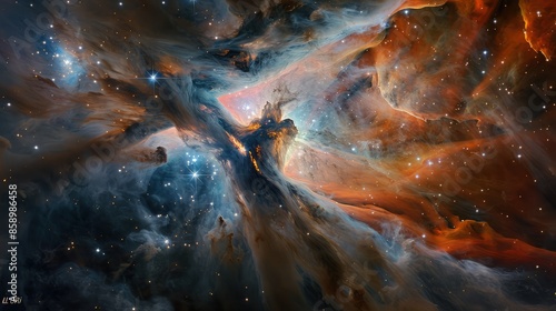 LL Ori and the Orion Nebula, close-up of cosmic clouds and stellar winds features LL Orionis, interacting with the Orion Nebula flow. photo