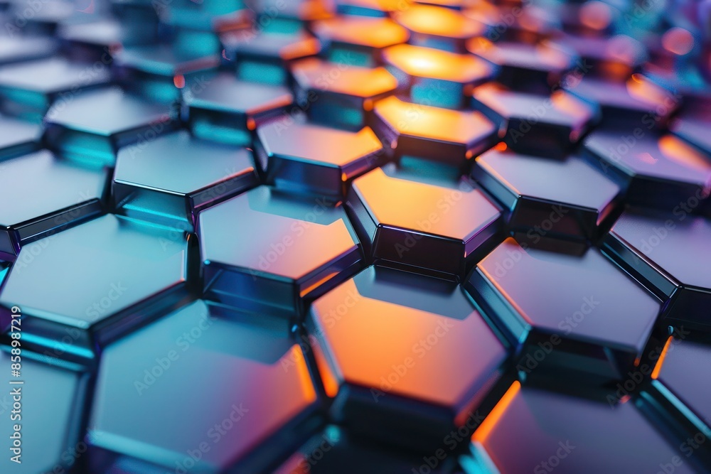 : Abstract Background, 3D hexagonal grid in triadic colors of blue, orange, and purple, with a high-gloss finish and varying depths, producing a vibrant and contemporary appearance. : Abstract Background, 3D hexagonal grid in triadic colors of blue, orange, and purple, with a high-gloss finish and varying depths, producing a vibrant and contemporary appearance.
