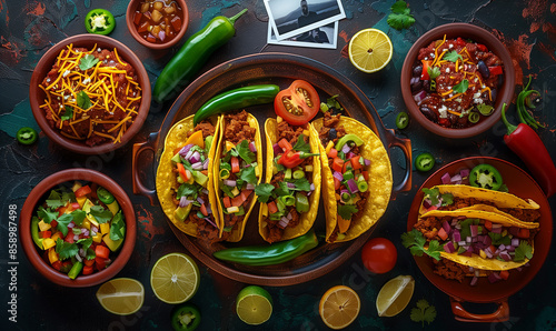 Wallpaper Mural Group of meat and vegetable tacos on a plate at a festively set table, celebrating a traditional Mexican holiday. Torontodigital.ca