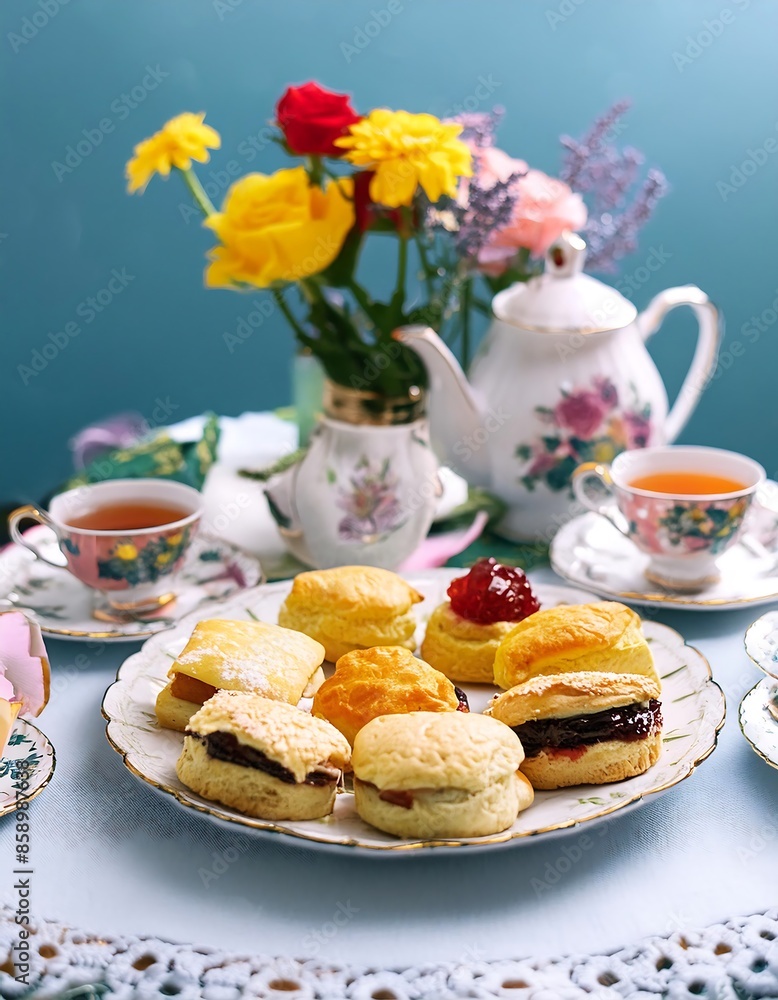 A charming tea party setup with an assortment of finger sandwiches, scones with clotted cream A charming tea party setup with an assortment of finger sandwiches, scones with clotted cream