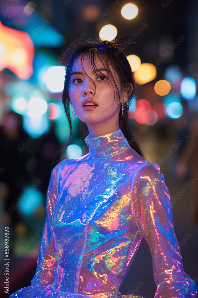 portrait of beautiful Japanese fashion model wearing luxury iridescent dress on the street at night portrait of beautiful Japanese fashion model wearing luxury iridescent dress on the street at night