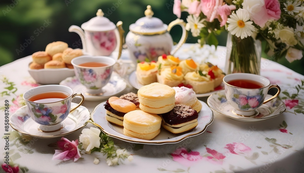 A charming tea party setup with an assortment of finger sandwiches, scones with clotted cream A charming tea party setup with an assortment of finger sandwiches, scones with clotted cream