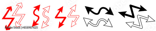 Black double arrow with loop in different directions. Alternate Route line and filled Symbols. Contour image on white. Line circular design for any purposes.