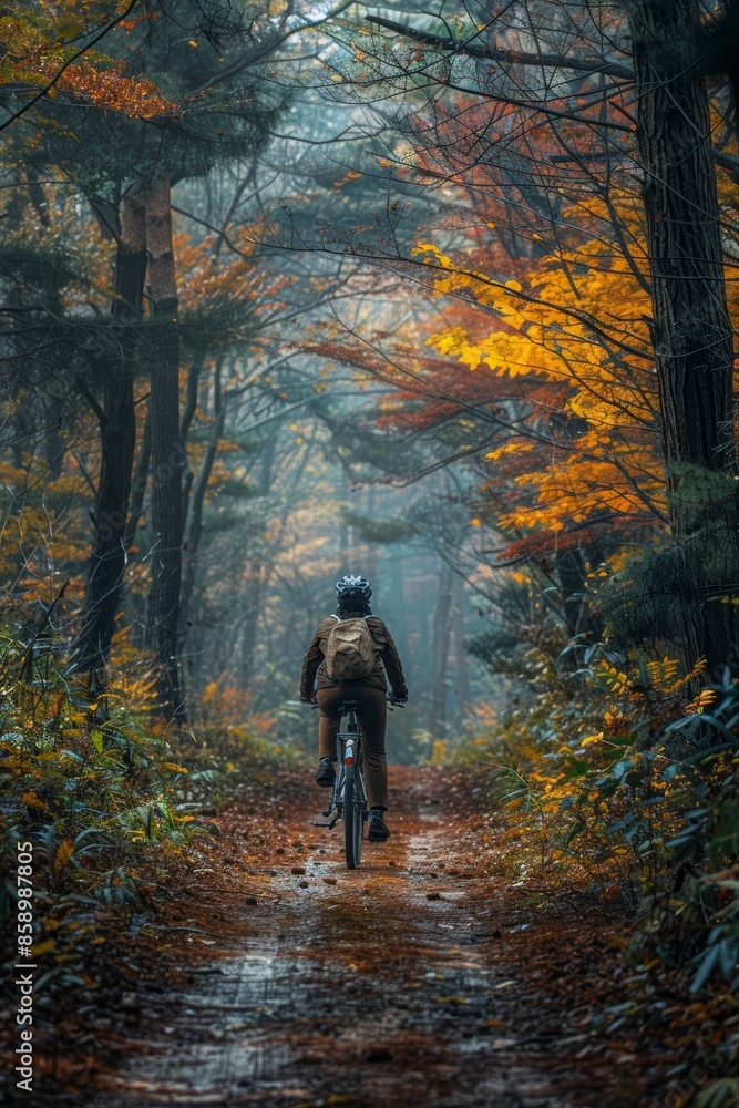 Ultra HDR photograph of a Korean woman on a bicycle, riding through a lush Nordic forest trail, Korean travel, eco-friendly adventure. Ultra HDR photograph of a Korean woman on a bicycle, riding through a lush Nordic forest trail, Korean travel, eco-friendly adventure.