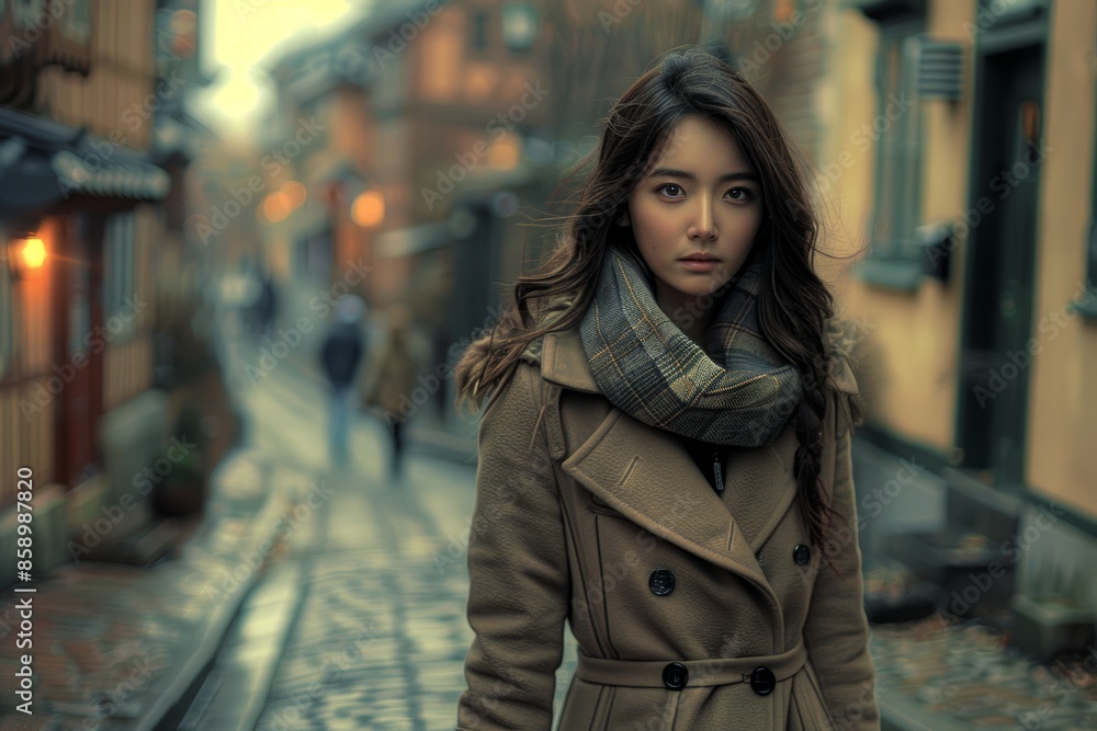 Ultra HDR photograph of a Korean woman in a stylish coat, walking along the cobblestone streets of a Nordic capital, Korean travel, urban exploration.