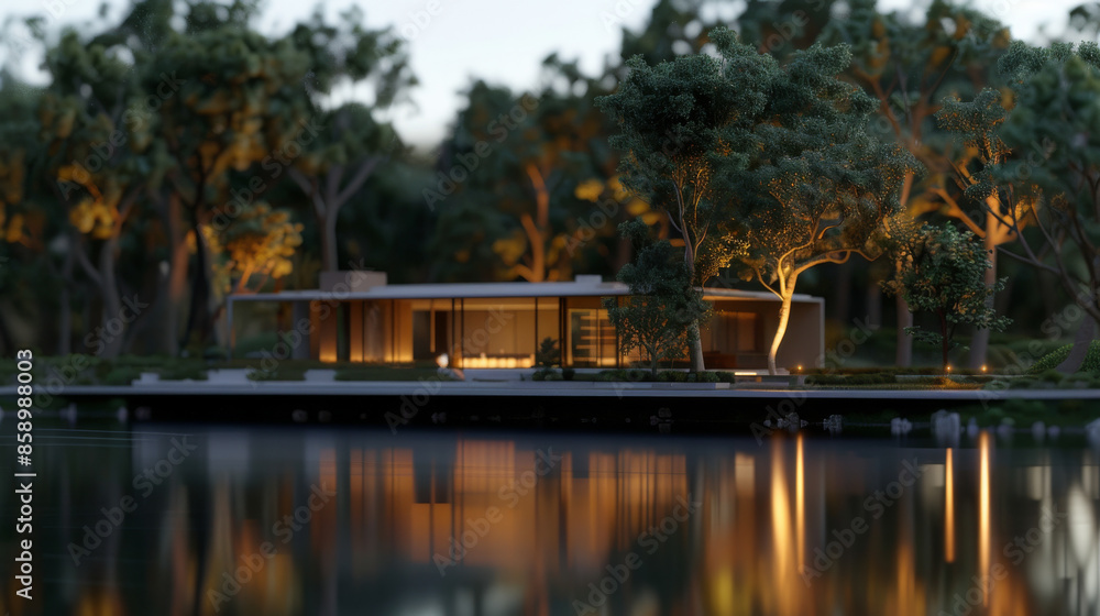 Obraz premium A sleek modern house with large windows is nestled in a forested area, its lights reflecting beautifully on a tranquil lake, creating a cozy and inviting atmosphere.
