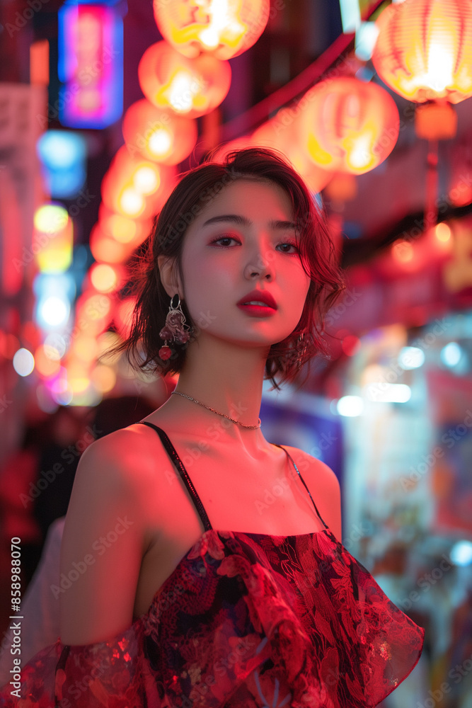 portrait of beautiful Japanese fashion model wearing luxury high fashion dress on the street at night portrait of beautiful Japanese fashion model wearing luxury high fashion dress on the street at night