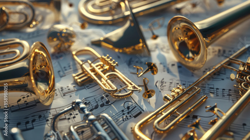 Shiny brass instruments rest on a bed of musical notes, ready to create a symphony of melodies and harmonies.