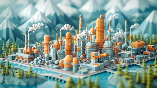 Mesmerizing papercraft illustration of a bustling cityscape surrounded by industrial complexes. Illustration, Minimalism,