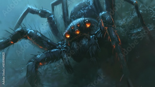A giant spider with glowing red eyes lurks in the darkness, waiting to pounce on its next victim.