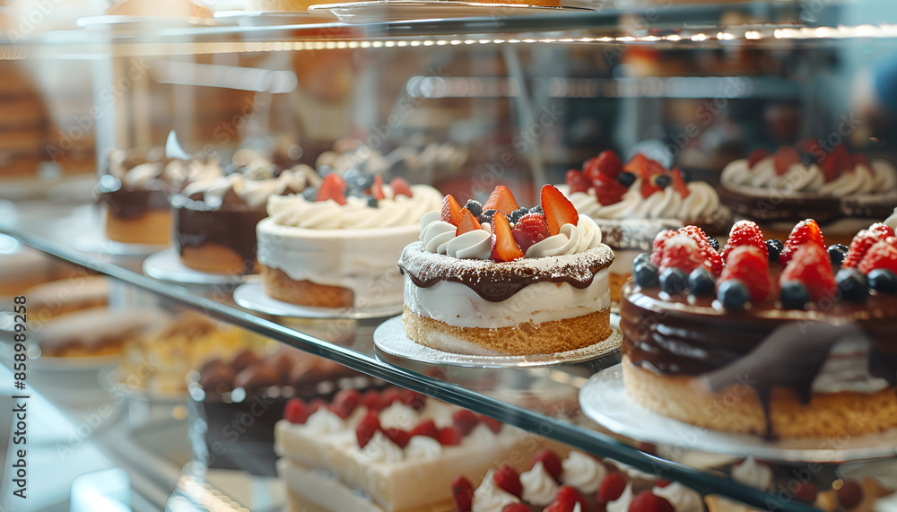 Showcase with different tasty desserts in bakery shop, closeup Showcase with different tasty desserts in bakery shop, closeup