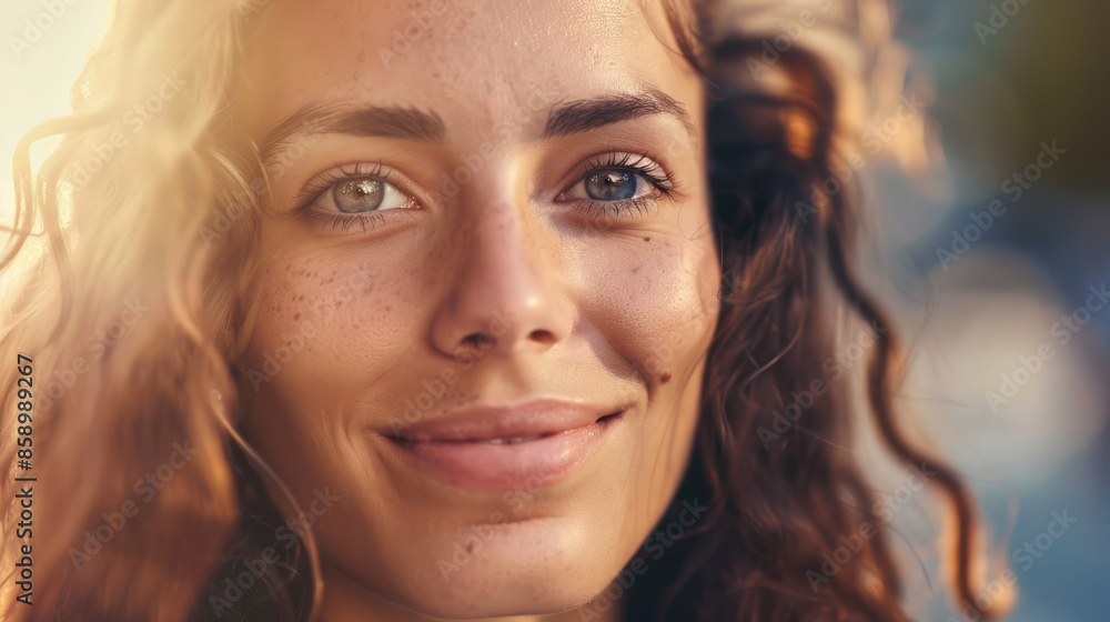A close-up portrait of a young woman with curly hair and freckles, softly smiling under natural sunlight, radiating warmth and positivity. A close-up portrait of a young woman with curly hair and freckles, softly smiling under natural sunlight, radiating warmth and positivity.