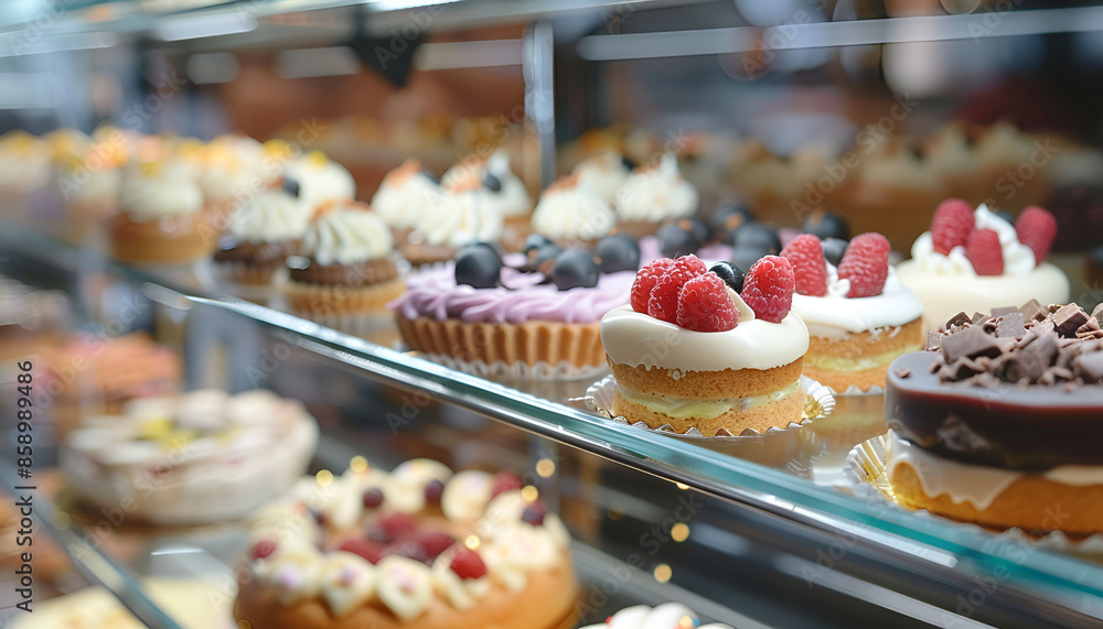 Showcase with different tasty desserts in bakery shop, closeup Showcase with different tasty desserts in bakery shop, closeup