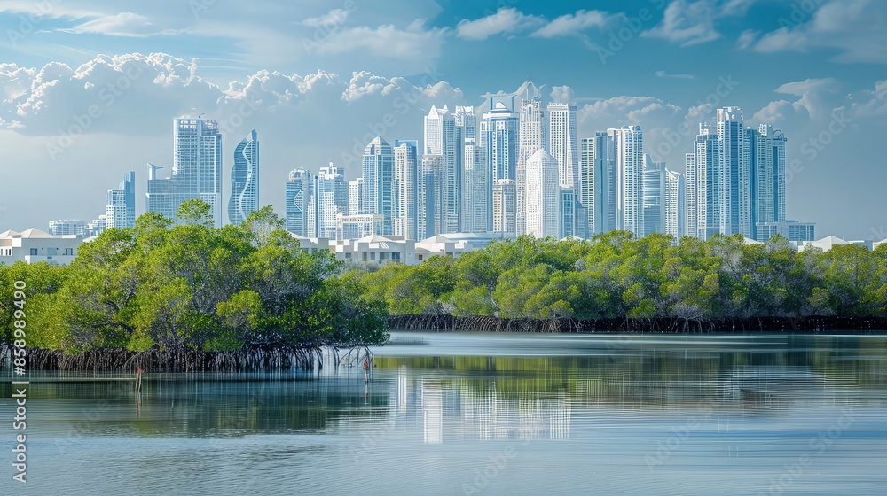 Obraz premium Mangroves in Persian Gulf, United Arab Emirates against backdrop of skyscrapers (white houses) of Abu Dhabi like snowy mountains. Successful case of combining natural and urban environment.
