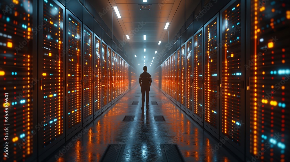 A data center with rows of servers, and a technician ensuring the physical security of the hardware. A data center with rows of servers, and a technician ensuring the physical security of the hardware.