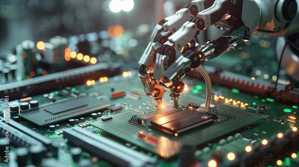 Automated robot for circuit board (PCB) assembly during soldering or welding of parts at a factory. Concept of technology for producing CPU chips, computer motherboards. Automated robot for circuit board (PCB) assembly during soldering or welding of parts at a factory. Concept of technology for producing CPU chips, computer motherboards.