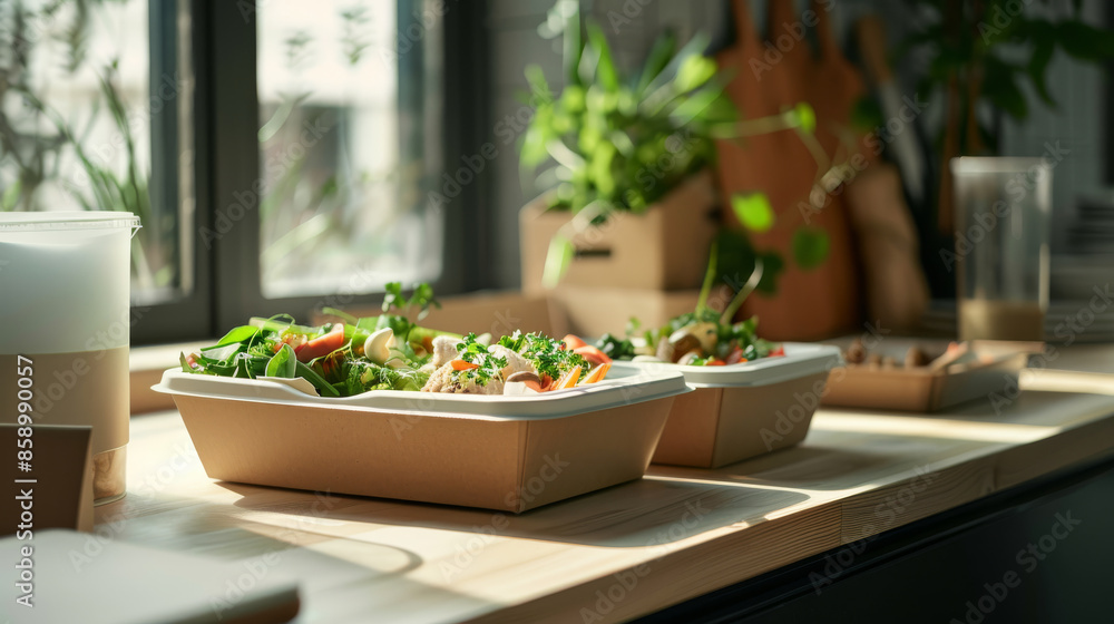 Fresh and vibrant salads in eco-friendly containers sit on a sunlit kitchen counter. Fresh and vibrant salads in eco-friendly containers sit on a sunlit kitchen counter.